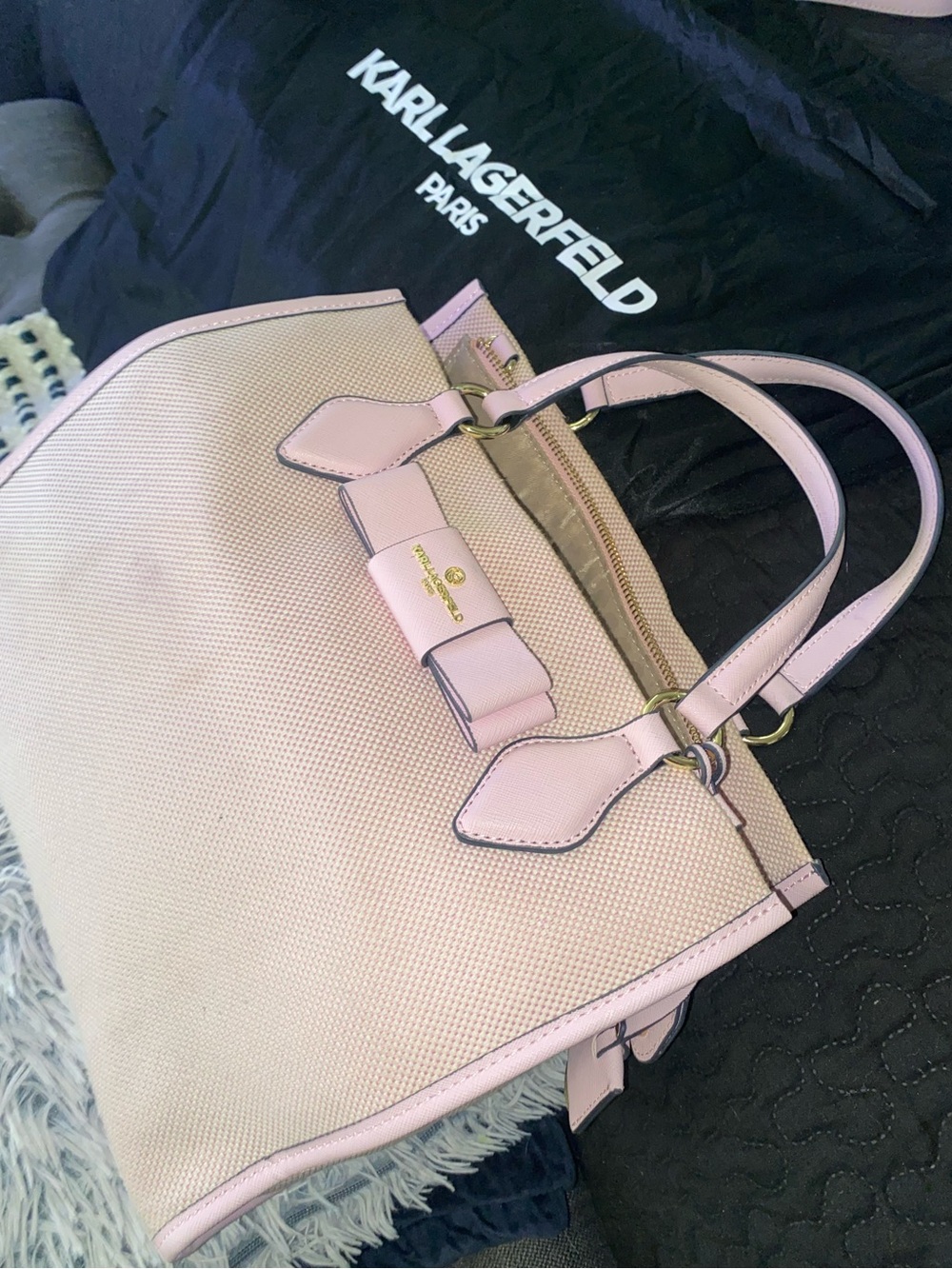 Karl Lagerfeld Pale Pink Bow Tote with Gold Accents